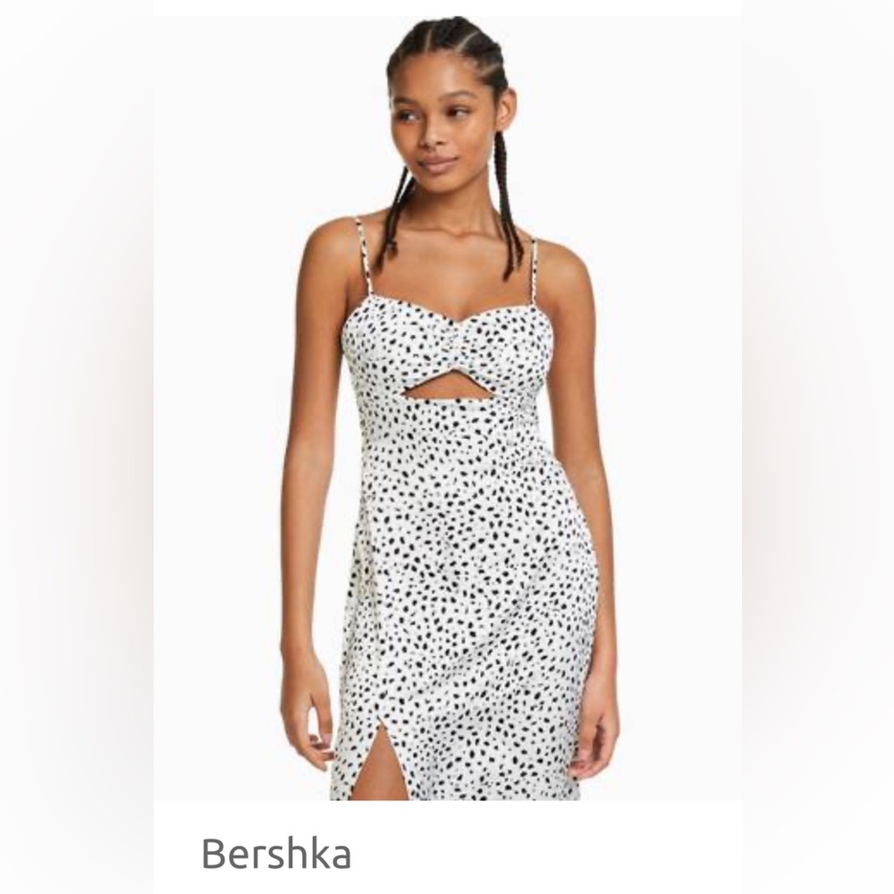 BERSHKA strappy satin long/midi dress with print